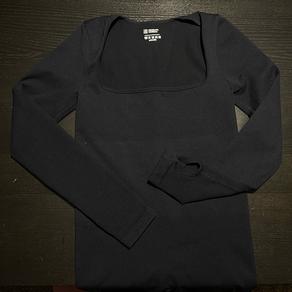 Black Bootcut Bodysuit with Thumb Holes Stretchy Long Sleeve – Size S